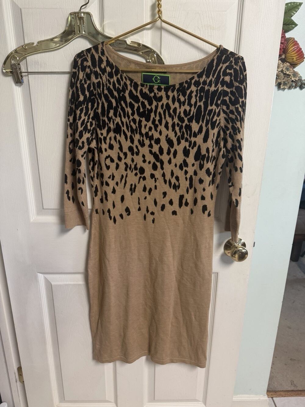 C. Wonder Leopard Print Sweater Dress Pure Merino Wool Brown Med 36x41 Stretch